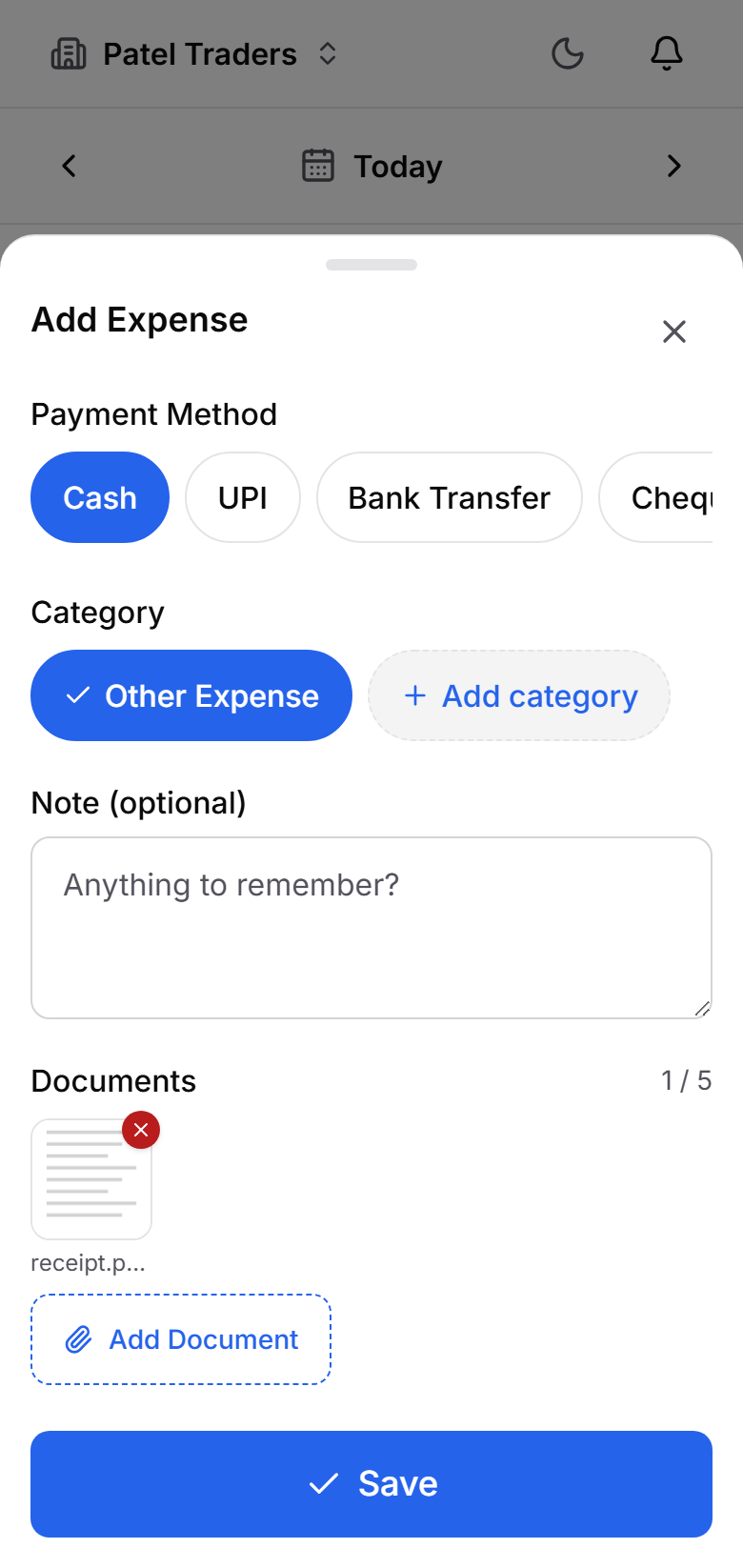 Tovan entry sheet with a receipt photo attached to an expense