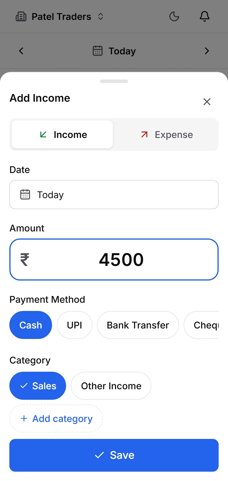 Tovan entry sheet showing an income or expense being recorded with category and amount