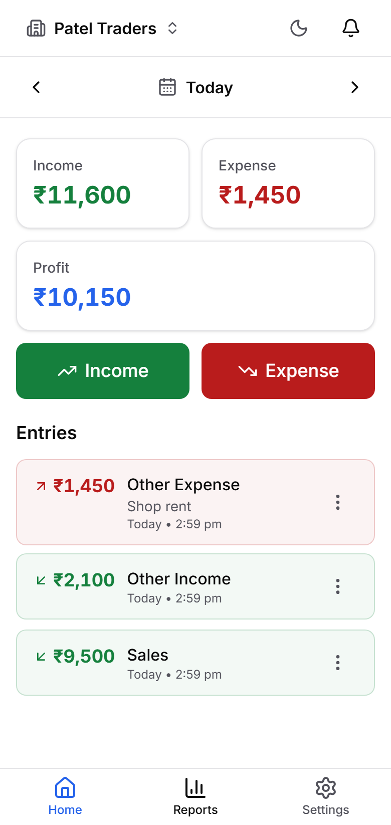 Tovan home screen showing today's income, expenses, and profit for a small business