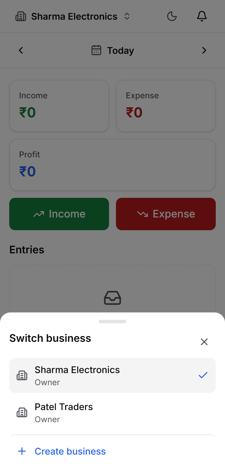 Tovan business switcher showing multiple businesses under one account