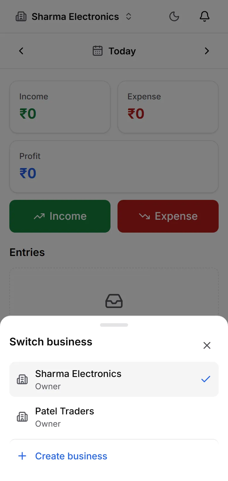 Tovan business switcher showing multiple businesses under one account
