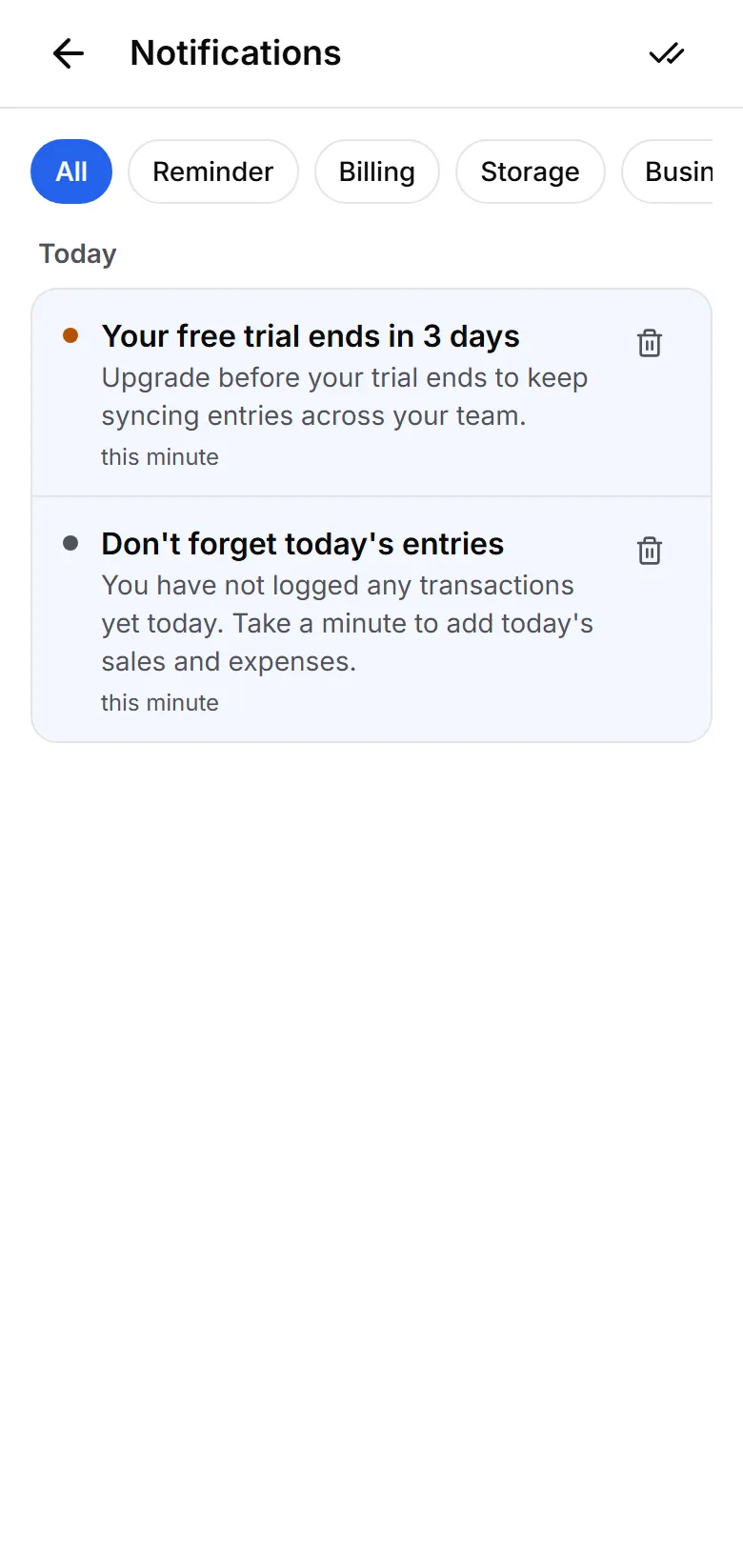 Tovan notifications screen showing a billing reminder and a daily entry reminder