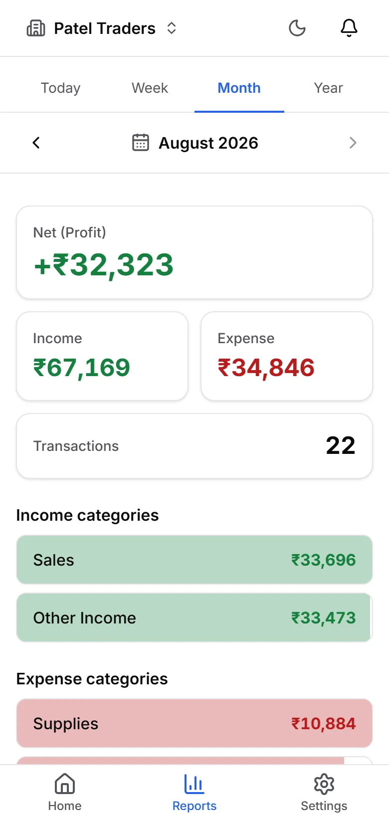 Tovan reports screen showing income, expense, and profit summaries with export options